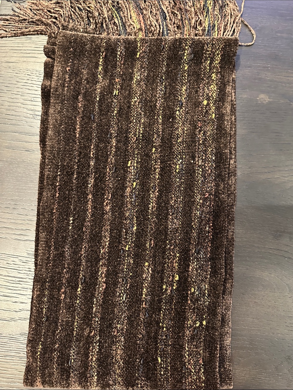 Vintage Chenille Fringe Scarf — Brown w/ Gold & Copper Accent Yarns — Unisex